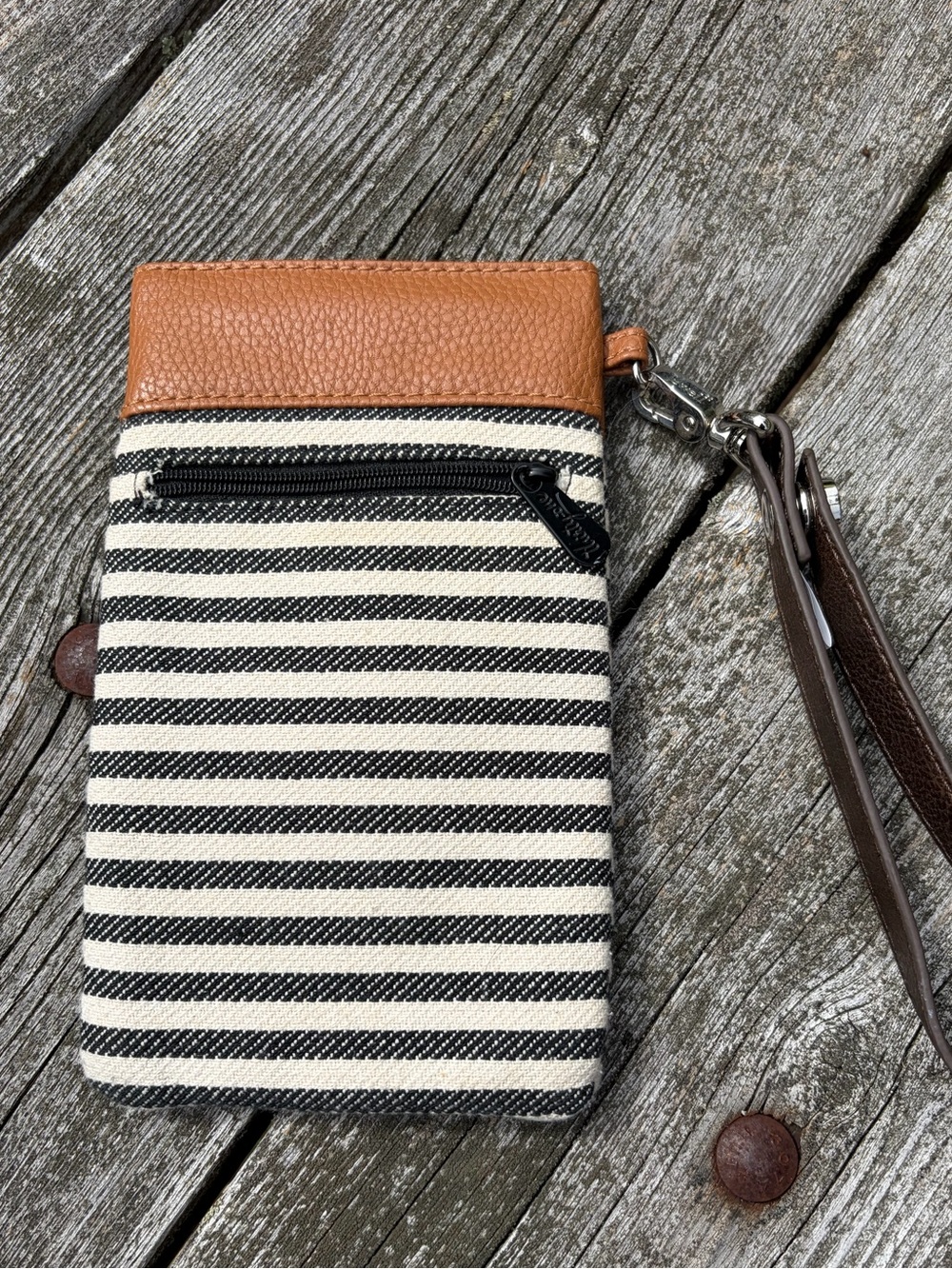 Striped Canvas Wristlet eye glass case Bag with Tan Leather Trim